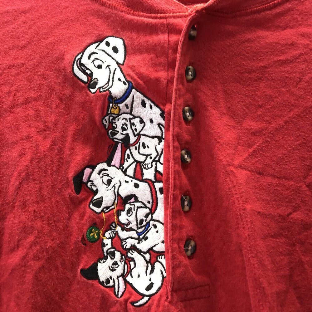 Vintage Disney Store Brand 101 Dalmatians Henley Red Shirt Sz L Embroidered - Picture 2 of 7